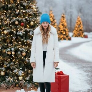 Stylish White Coat with Blue Beanie